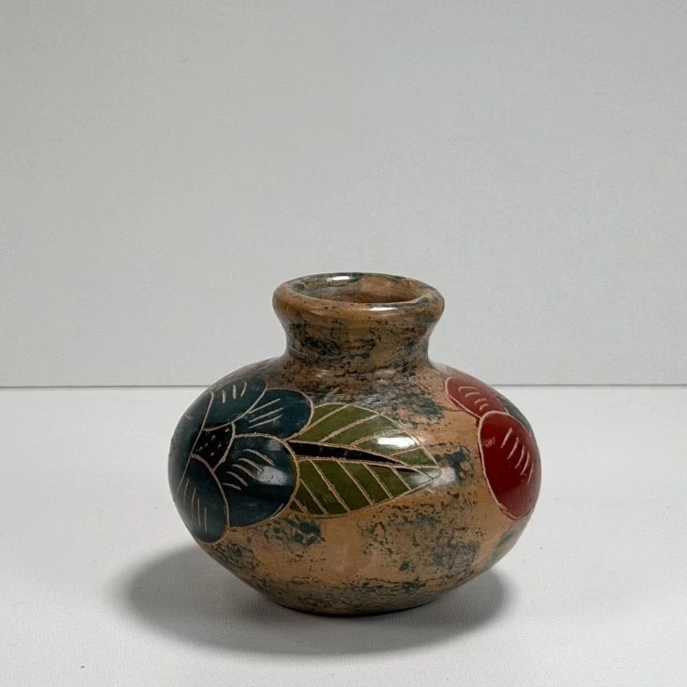 Vintage Floral‎ Pottery Bud Vase Small Multicolor Etched Folk Art Hand Painted
